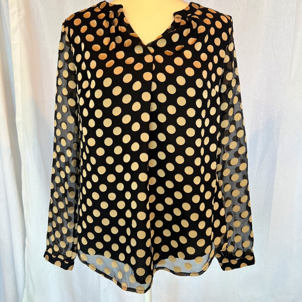 Talbots Black and Gold Polka Dot Blouse, Women's Size Small, Sheer, Loose Fit